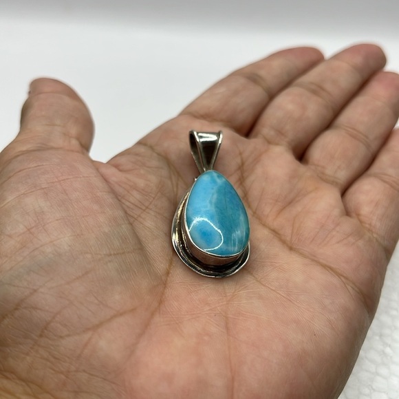 Blue Larimar and  Sterling Silver Teardrop Pendant Statement Bold Big Pendant - Picture 13 of 13